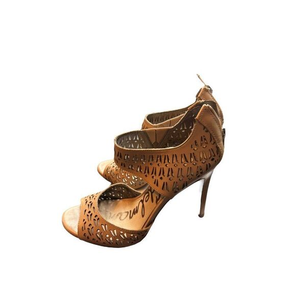 Sam Edelman Alva Tan Leather Peep-Toe Heeled Sandals Size 7.5 Zipper Closure Cut - Picture 1 of 13